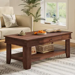 Rectangular Coffee Table with Drawer and Open Shelf, Long Center Table for Living Room, Rustic Finish, Stable Four Leg Structure, Easy to Clean Surface, Heavy Duty Storage Design