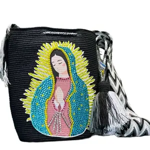 Handmade Craft Wayuu Crochet Bucket Bag - Cotton Thread Crochet, Hand-Applied Rhinestone Accents, Adjustable Strap Luxury Shoulder Shopping Bag