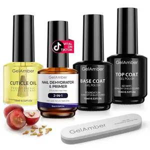 4Pcs 15ml Nail Dehydrator and Primer 2-in-One with Gel Base and Top Coat Set, Cuticle Oil and Nail File, Acid-Free No Wipe Essentials for Shiny & Long-Lasting Natural Manicure