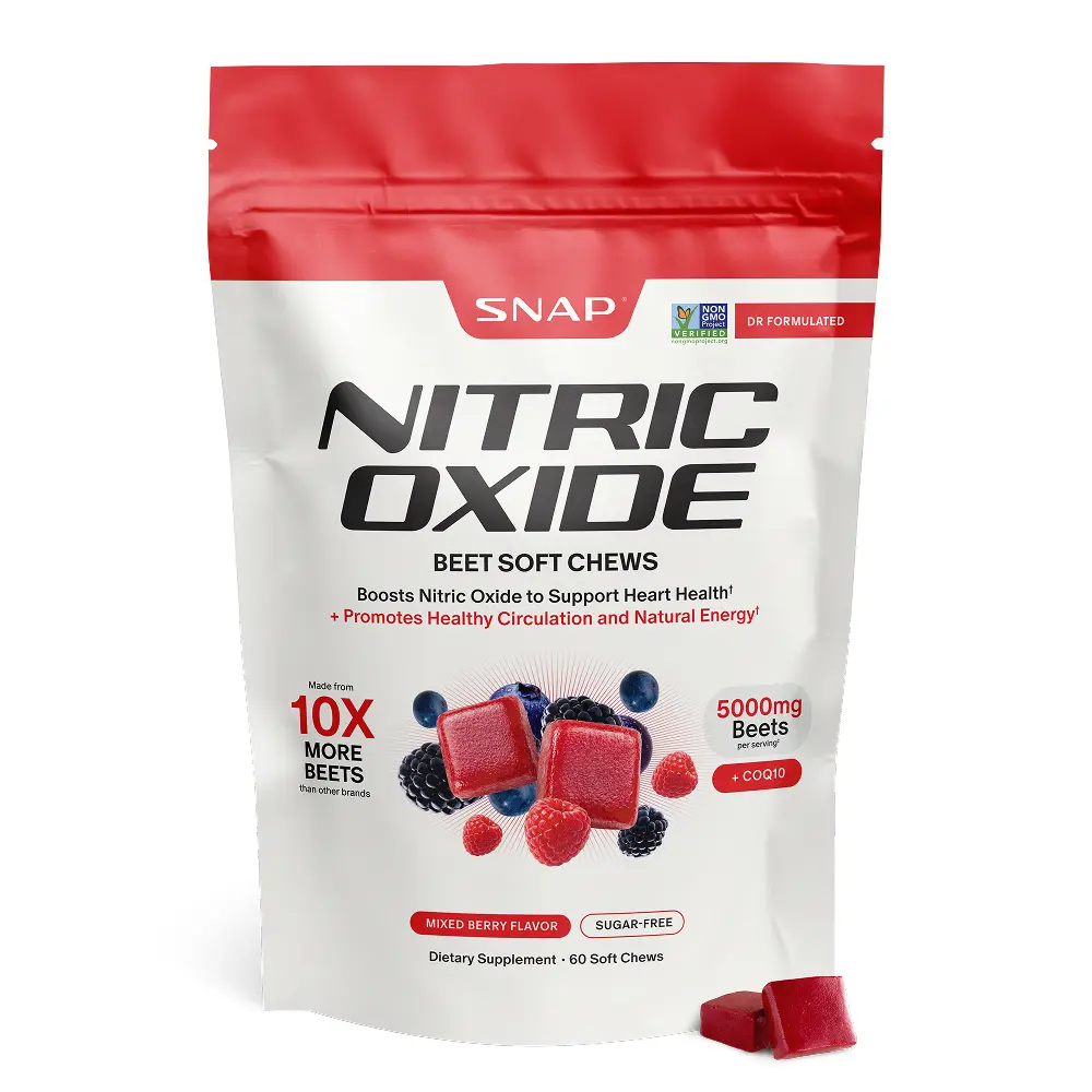 Snap Supplements - Nitric Oxide Beet Chews - 5,000mg of beets - 30 Servings - Natural Supplement Soft Chews - Mixed Berry Flavor - Sugar Free