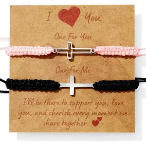 2-Pack Christian Cross Couple Bracelets, Adjustable Stainless Steel Woven Rope Bracelets for Men and Women, Matching Friendship Gifts