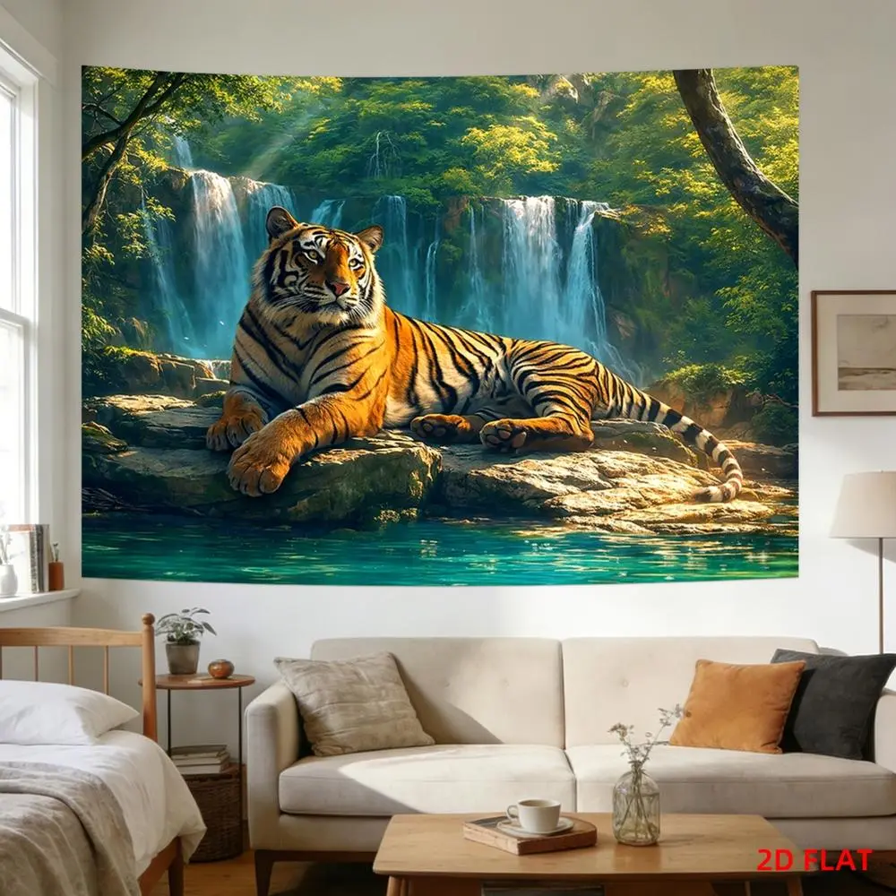 2D Flat HD Digitally Printed Polyester Photography Backdrop - Soft, Lightweight, Foldable Background Cloth with Majestic Tiger in Lush Waterfall Jungle Landscape, All-Seasons Indoor No-Wrinkle Option for Studio Photography, Party Decor