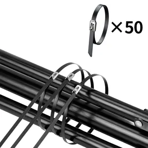 Metal Zip Ties black 50pcs 17.5 inch 304 Stainless steel Epoxy Coated Cable Tie Multi-purpose Self-locking Cable Ties used for machinery, vehicles, farms, cables, pipesas well as Outdoor binding
