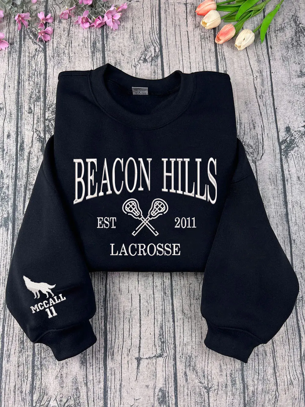 Women's Plus Size Fitted Long-Sleeve Beacon Hills Lacrosse Teen Wolf Embroidered Polyester Pullover Hoodie - Fandom in Stitches Casual Sweatshirt Top, Bold Fan Embroidery