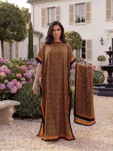 Women's Geometric Print Shawl Set, Fitted Long Robe with Headscarf, Sun Protection Silk Scarf, Beachwear for All Seasons, Beach Cover Up, Beach Coverups