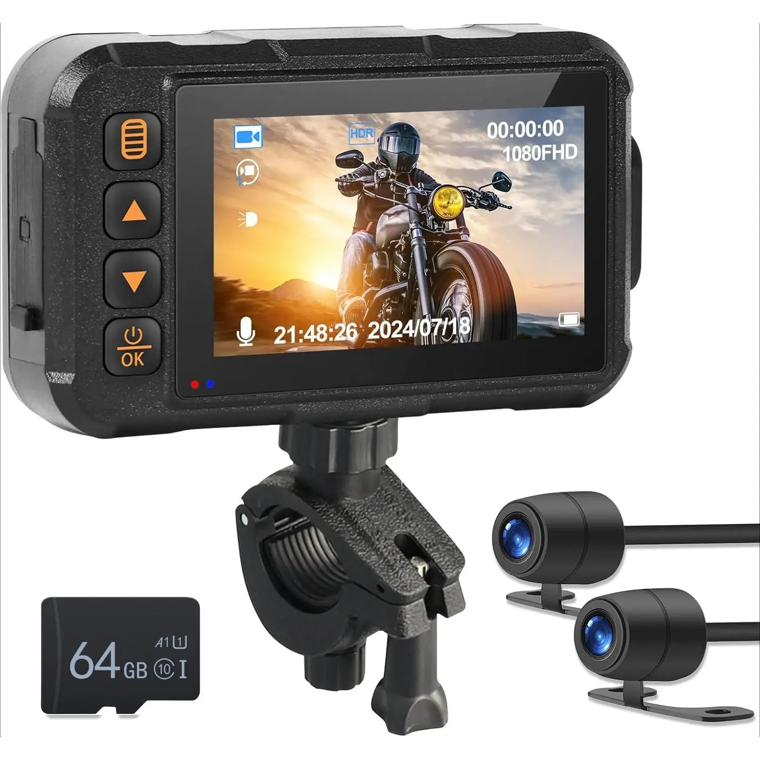 Motorcycle Dash Cam with 3" Screen, Dual Front-Rear Waterproof Lenses, 64G TF Card, 480p/720p Resolution, Night Vision, G-Sensor, Loop Recording, Car & Motorcycle Electronics Accessory, Father's Day Gift, 3 Inches, Audio Recording: Support