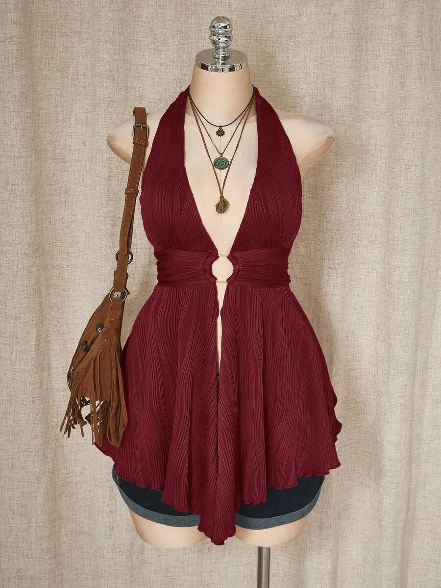 Plus Size Y2K Style Hollow Out Asymmetrical Hem Babydoll Halter Neck Knit Camisole