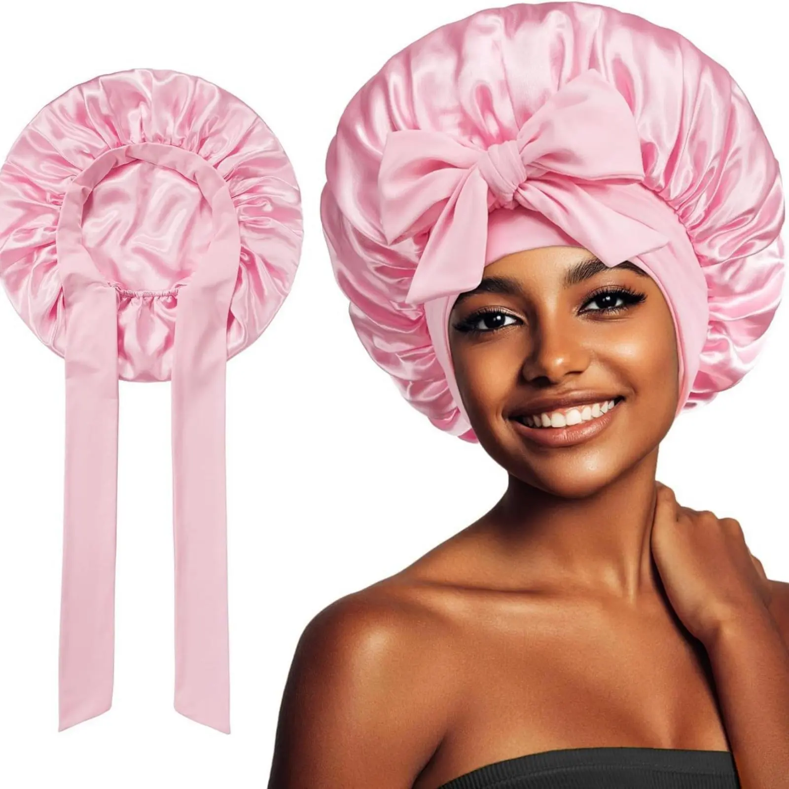 Adjustable Double Layered Satin Bonnet for Men and Women,  Silk Night Cap for Sleeping and Shower