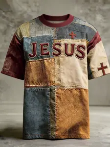 A stylish, gender-neutral streetwear-inspired American retro patchwork short-sleeved T-shirt with vibrant colors, comfortable to wear. Features a depiction of the cross of Jesus. A round-neck, cozy T-shirt perfect for everyday wear. A unique, fun short-sl