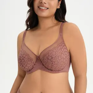 Lacsper Daisy Minimizer Bra Floral Lace Unlined & Non-Padded Plus Size Full Coverage with Supportive Under Band for All-Day Comfort