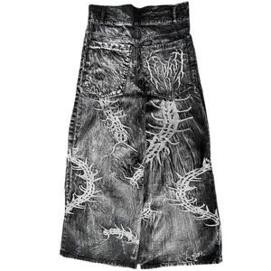 1990s Gothic Centipede 3D Printed Washed Oversized Wide-Leg Men’s Jeans, Y2K New Harajuku Punk Hip-Hop Rock Streetwear for Couples