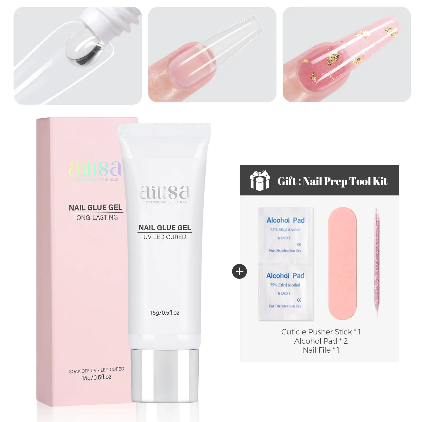 AILLSA Solid Gel Nail Glue 15g/30g UV Lamp Curing Needed Soak Off Long Lasting super strong nail glue for Clear Nail Tips Acrylic Nail Extension Fake