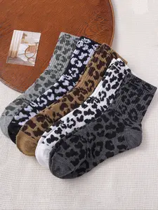 Women's Leopard Print Casual Mid-Calf Socks, Soft Comfortable Cotton Socks, Fashionable Daily Wear for Fall Winter Socks Set, All Season Socks