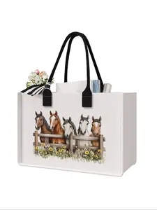 Large Capacity Horse Print Storage Bag, Durable Handle, Space Saving Multi-Purpose, Ideal for School, Travel, Shopping, Fashionable Shopping Bag, Reusable Bags With Handles