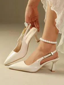 Women's Pointed Toe Back Tie Low Heel Sandals, Simple One Strap Design, Elegant Office & Date Shoes, Comfortable Women's Footwear, Daily Wear Sandals