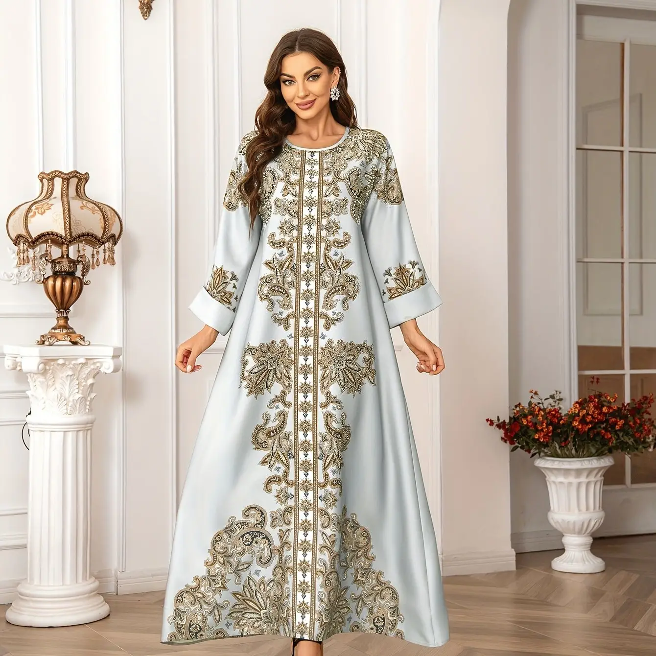 Elegant Floral Print Long Sleeve Abaya Dress - Middle East Style Women’s Kaftan with Lace Detail, Lightweight Polyester, Full-Length Maxi Jellabiya fo