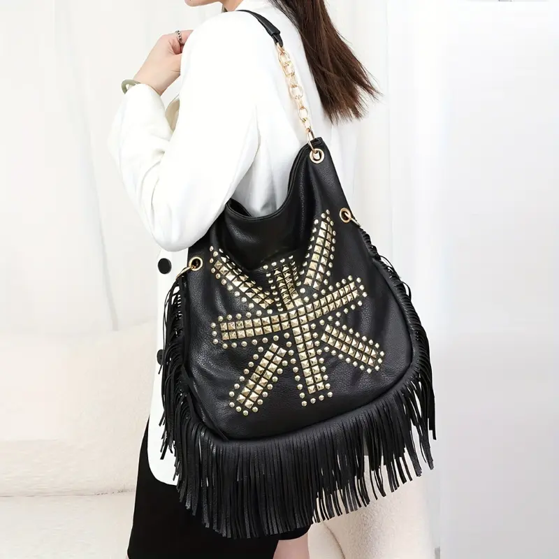 Women's Punk Rivet PU Leather Hobo Bag - Casual Chic, Fringed, Vintage Tassel, Crossbody Design with Adjustable Strap, Zip - Perfect for Travel, Daily Use