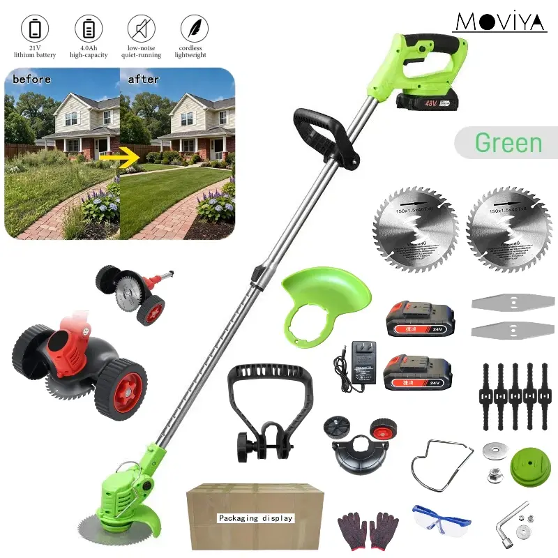 24V Cordless Electric Grass Trimmer & Edger Set - 2 Batteries, Wheeled Base, Lightweight, Adjustable Shaft, Ideal for Small Gardens & Tight Spaces, Lawn Cutting Tool