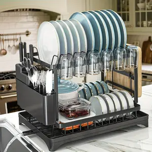 Large removable stainless steel easy-to-clean dish rack with cup holder, cutlery storage, cutting board rack and Kitchen Utensils Holder for kitchens, suitable for households of 2-4 people