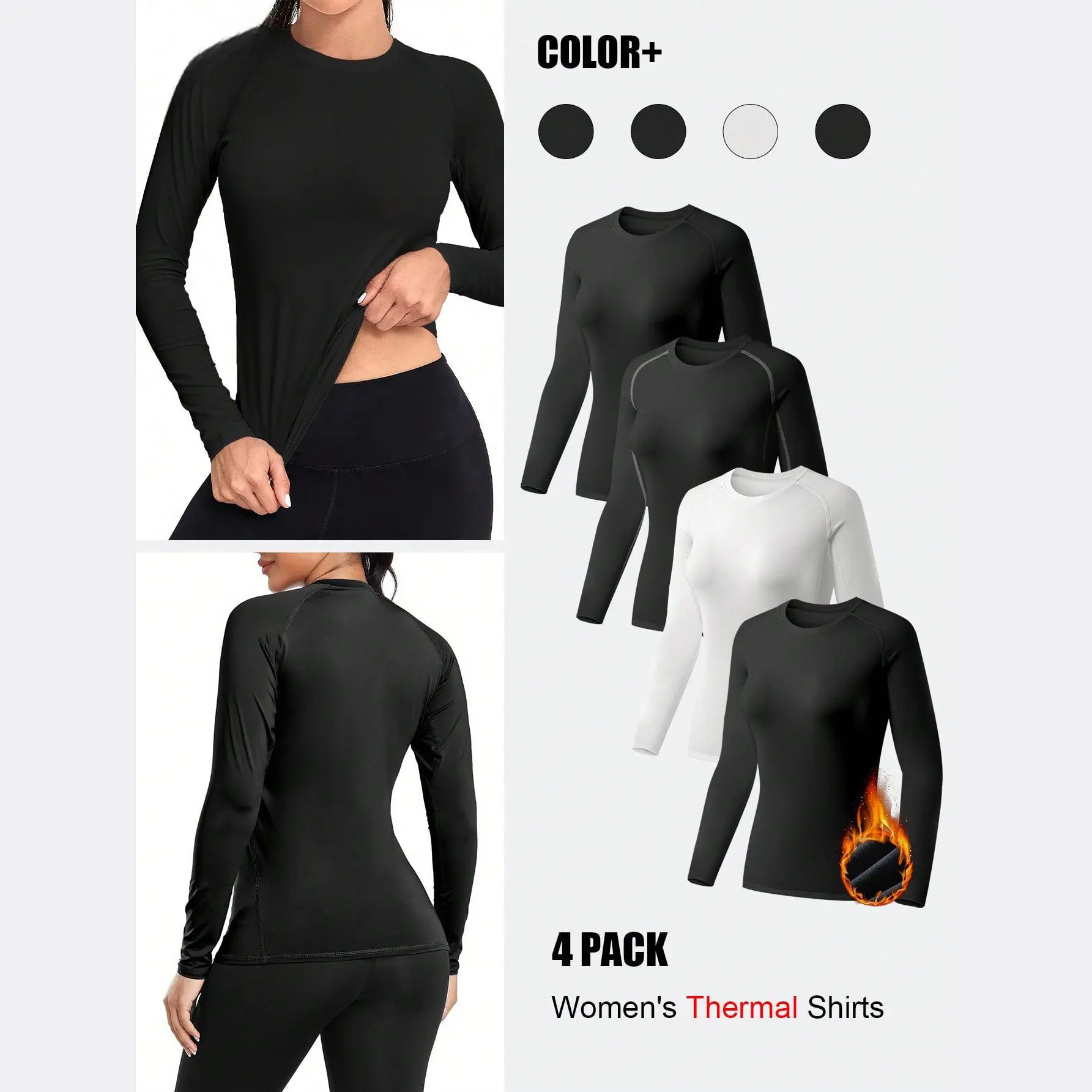 Women's 4-Pack Long Sleeve Compression Workout Tops - Fleece Lined Thermal Baselayer, Athletic Fitted Breathable, Quick Dry, Drop Shoulder, Slim-Fitting Casual Sports Top for Skiing, Gym