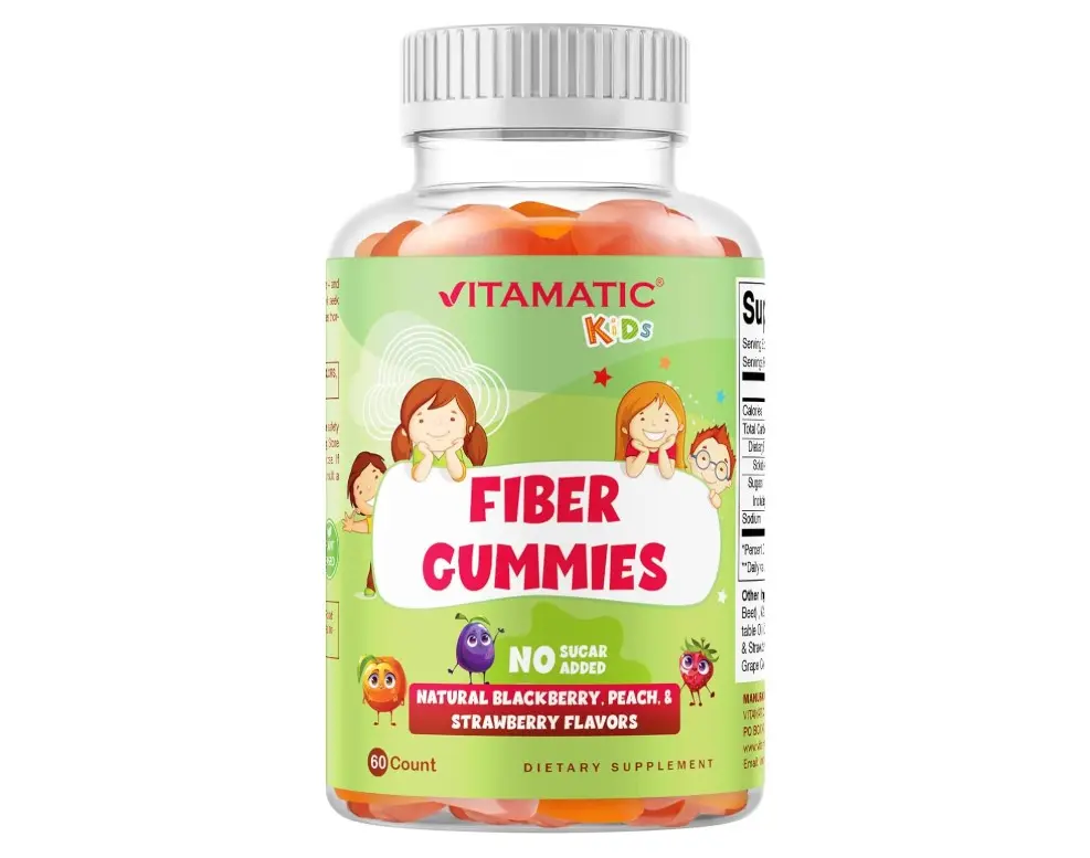 Vitamatic Kids Prebiotic Fiber Gummies – Extra Strength 4g Fiber – Zero Sugar Added – 60 Pectin-Based Gummies – Digestive Health & Regularity Support