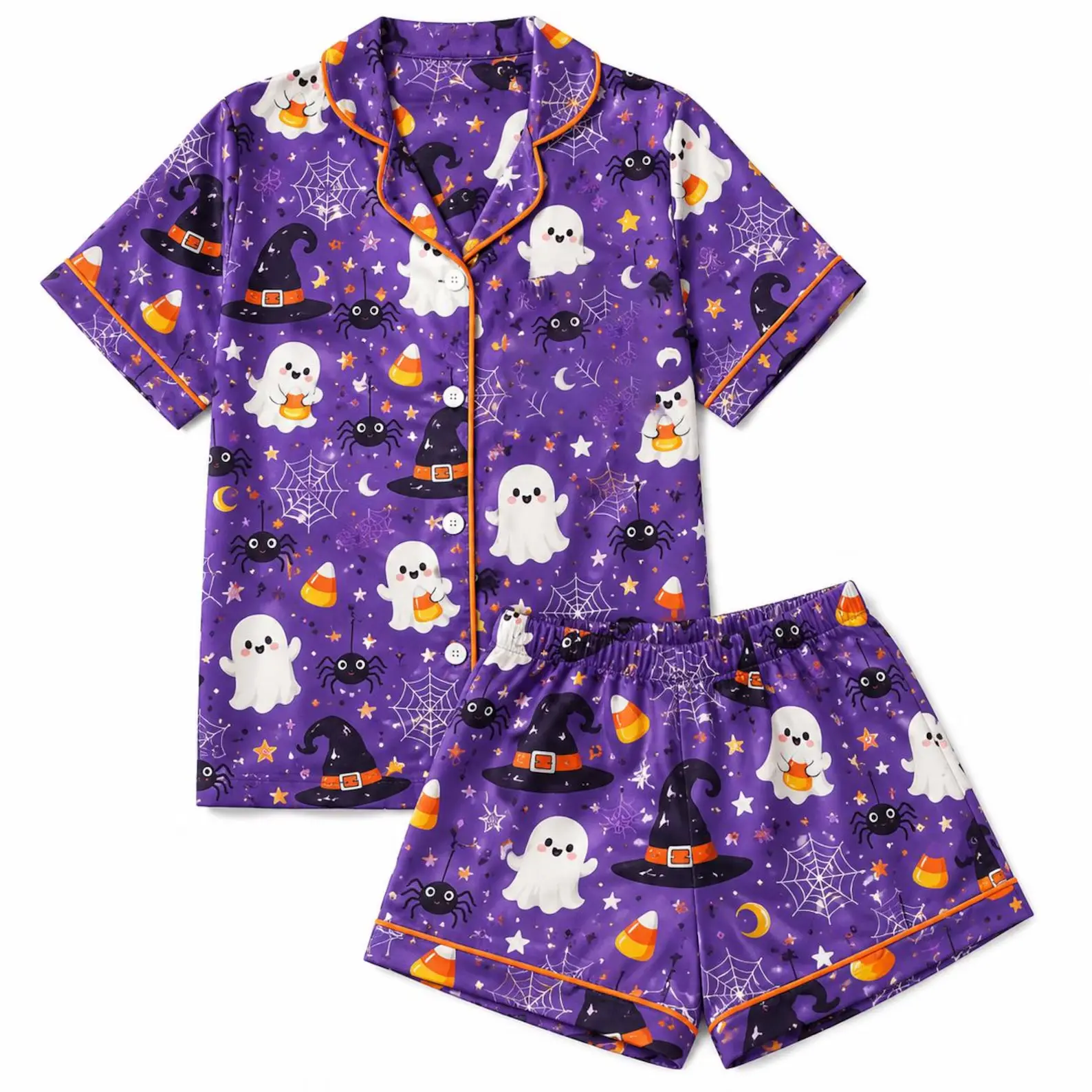 Cute Ghost Halloween Pajama Set, Purple Witch Hat Candy Corn Sleepwear, Spooky Fall Lounge Outfit for Women