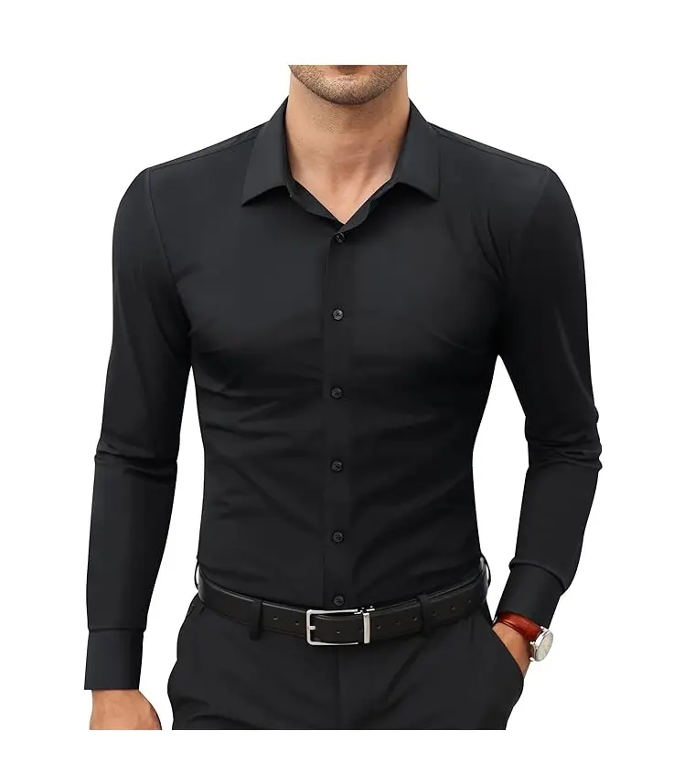 Royaura Men's Stretchy Dress Shirt Quick-Drying Breathable Anti-Wrinkle Muscle  Long Sleeve Slim Fit Dress Shirts Casual Black Top Outdoorfun,Father's Day Gift Workwear Menswear