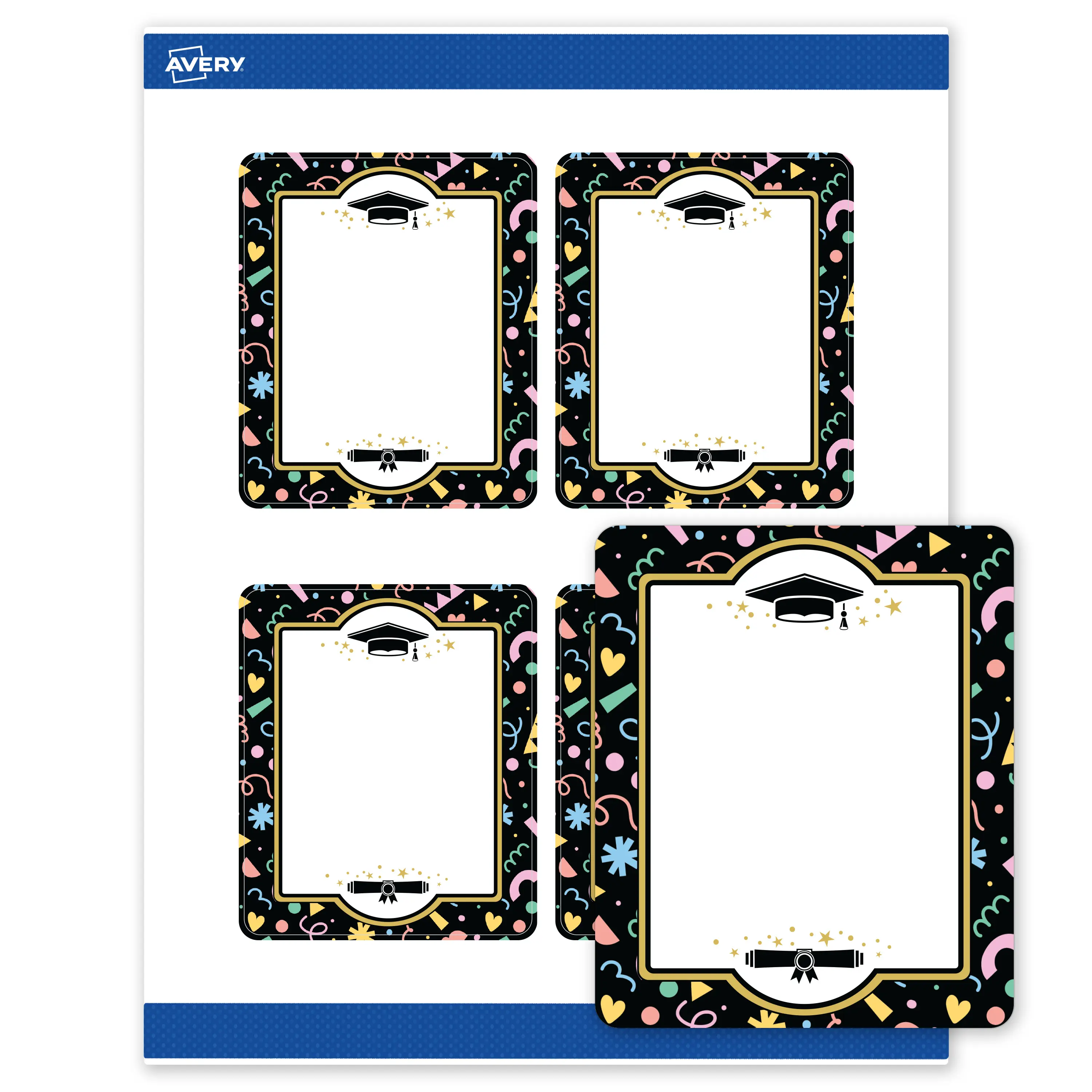 Avery® Printable Rectangle Labels, 4" x 3-1/3", Matte White, Sure Feed® Technology, Pre-printed Gold & Confetti Graduation Design Great for Grad Parties, Laser & Inkjet Compatible, 80 Total