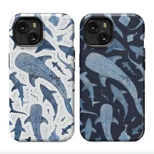 Monochrome Blue Watercolor Shark Ocean on White & Black Phone Case,Unique Sea Design,Marine Life Collage Phone Cover foiPhone 17 Air 16 Plus 15 Promax 14 13 12 11 Pro,and Samsung Galaxy S26 S25 S24 FE S23 Ultra,Cute Ocean Pattern.MFL107