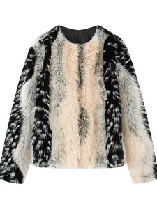 Women's Faux Fur Jacket Winter  Round Neck Print Casual Warm Outwear 2023 New Arrival Fashion Top