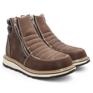 Zapato de Trabajo para Hombre de Piel Crazy Color Brown con Doble Cierre Punta Redonda – Hooch Boots H40407
