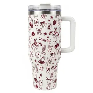 "Lucky You" Western Retro 40oz Tumbler, 18/8 Food Grade Stainless Steel, Aesthetic Cherry and Horse Print Water Bottle, Thoughtful Mother's Day/Birthday/Graduation Gift for Her, Cupholder Friendly Large Travel Cup