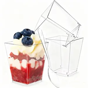 50 Pack 5 oz Square Reusable Plastic Mini Dessert Cups with Spoons - Disposable Tableware for Party Supplies, Yogurt Parfait, Cheesecake