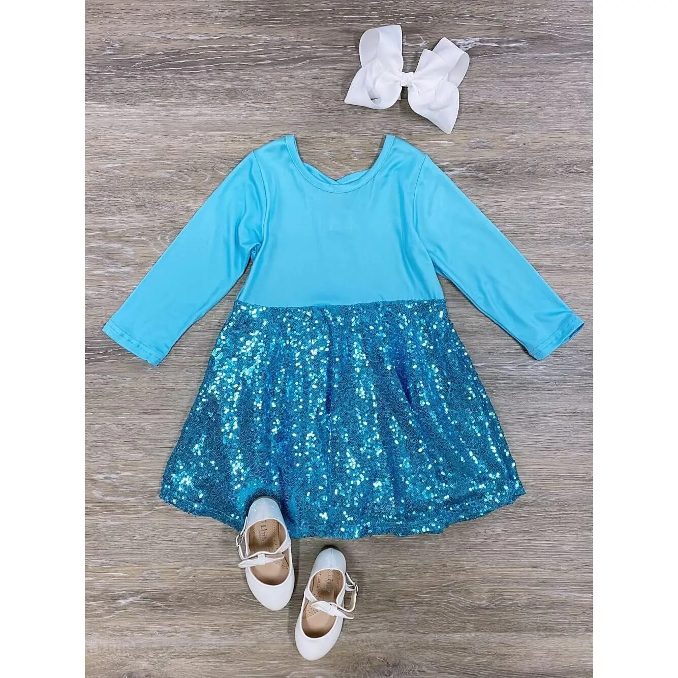 Cross Back Blue Girls or Toddler Size Sequin Skater Style Special Occasion or Birthday Dress