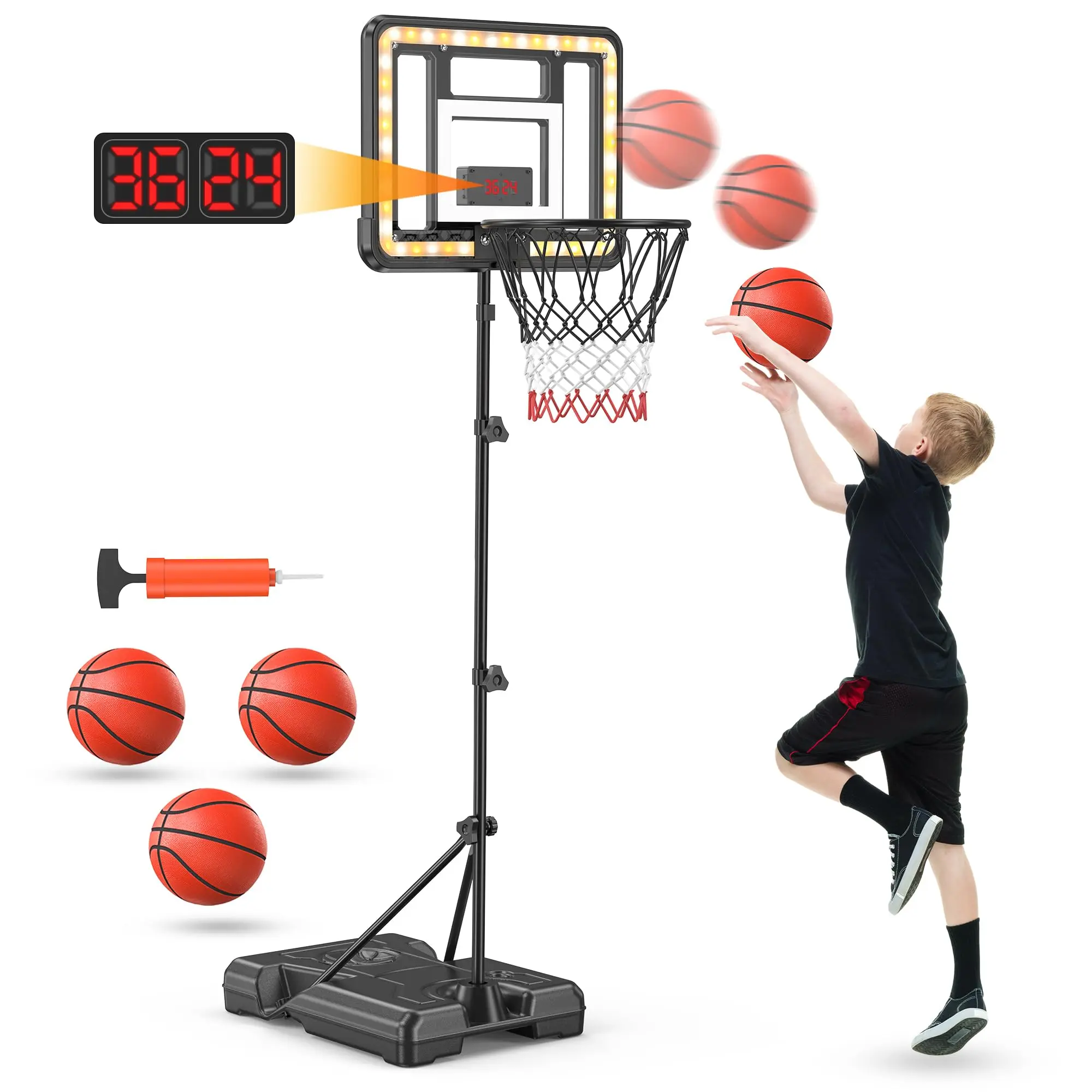 Parent-child Interactive Toys Indoor mini Basketball Hoop with LED Scoreboard Easy Score Set Adjustable Height 2.9ft-5.9ft with LED Scoreboard Goal Toy for Boys Girls Age 3-12 Pool Backyard outdoor birthday gift Black Portable Shatterproof Backboard