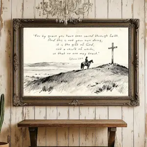 Ephesians 2:8-9 Cowboy Cross Unframed Poster - Western Christian Rustic Decor - Farmhouse Style Bible Verse Print - Southern Faith Grace Gift for Him