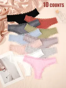 Lace Trim Sweet Girl Seamless Solid Low Waist Fitted Comfortable Breathable Everyday Women's Panties Breathable Comfy Panty, Casual Plain Thong Briefs for All Seasons