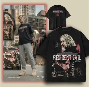 Resident Evil Requiem RE9 Leon S Kennedy horror Game Oversize 2 Sided Washed Cotton T-shirt unisex graphic tees game anime manga movie Menswear Casual gamer merch t-shirt Clothes Top