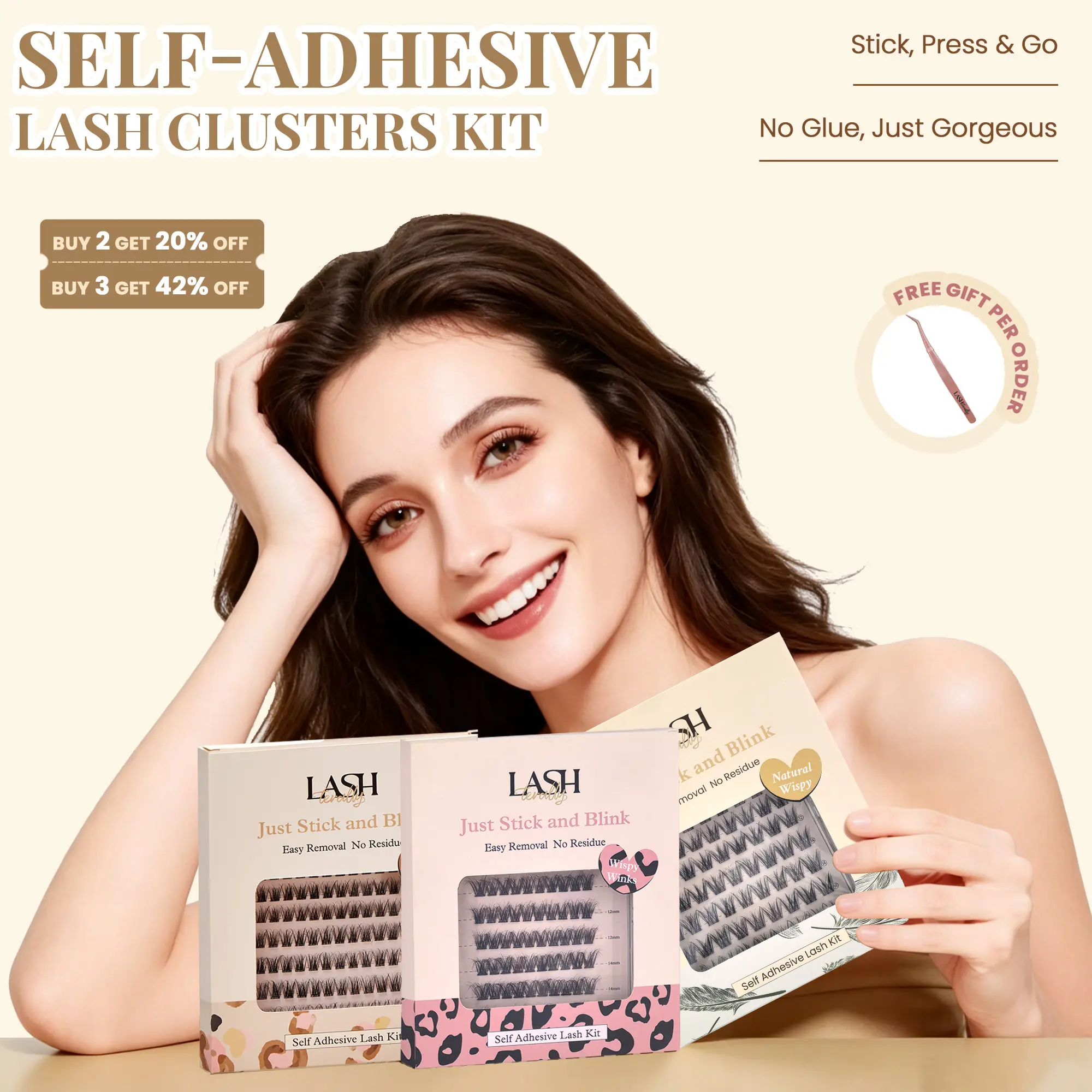Lashterally Self-Adhesive Cluster Lashes Kit - D Curl, 10-14mm Mixed Lengths, 90-120 Pieces, 24-Hour Long Hold, Reusable Lightweight Lash Extensions, Fluffy Doll Eye Effect, False Eyelashes & Adhesives for Adults' Makeup