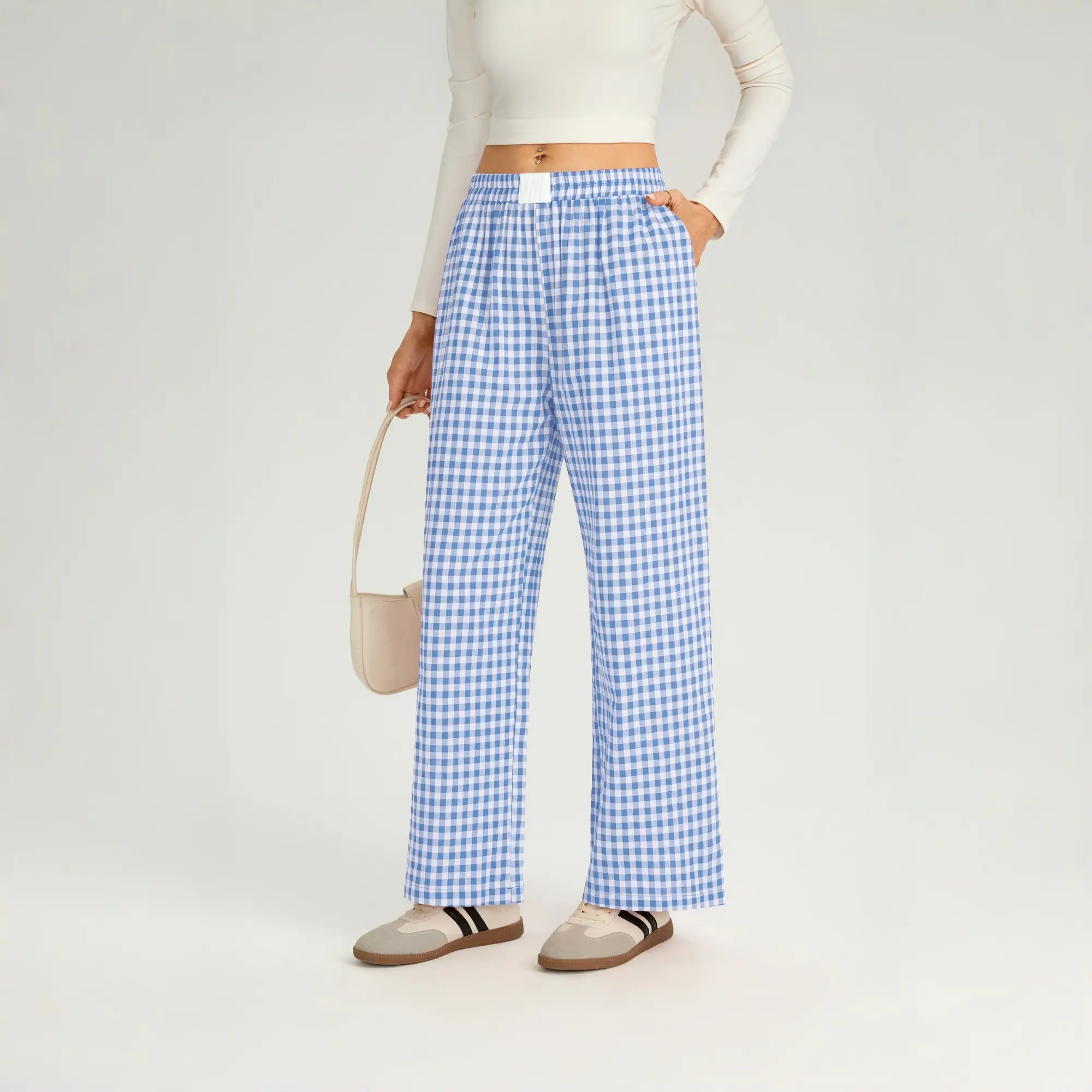 Genleck Women's Cotton Plaid Pajama Pants Gingham Lounge Trousers with Pockets Casual Y2K Sleep Pants Wide Leg Bottoms for Loungewear & Nightwear