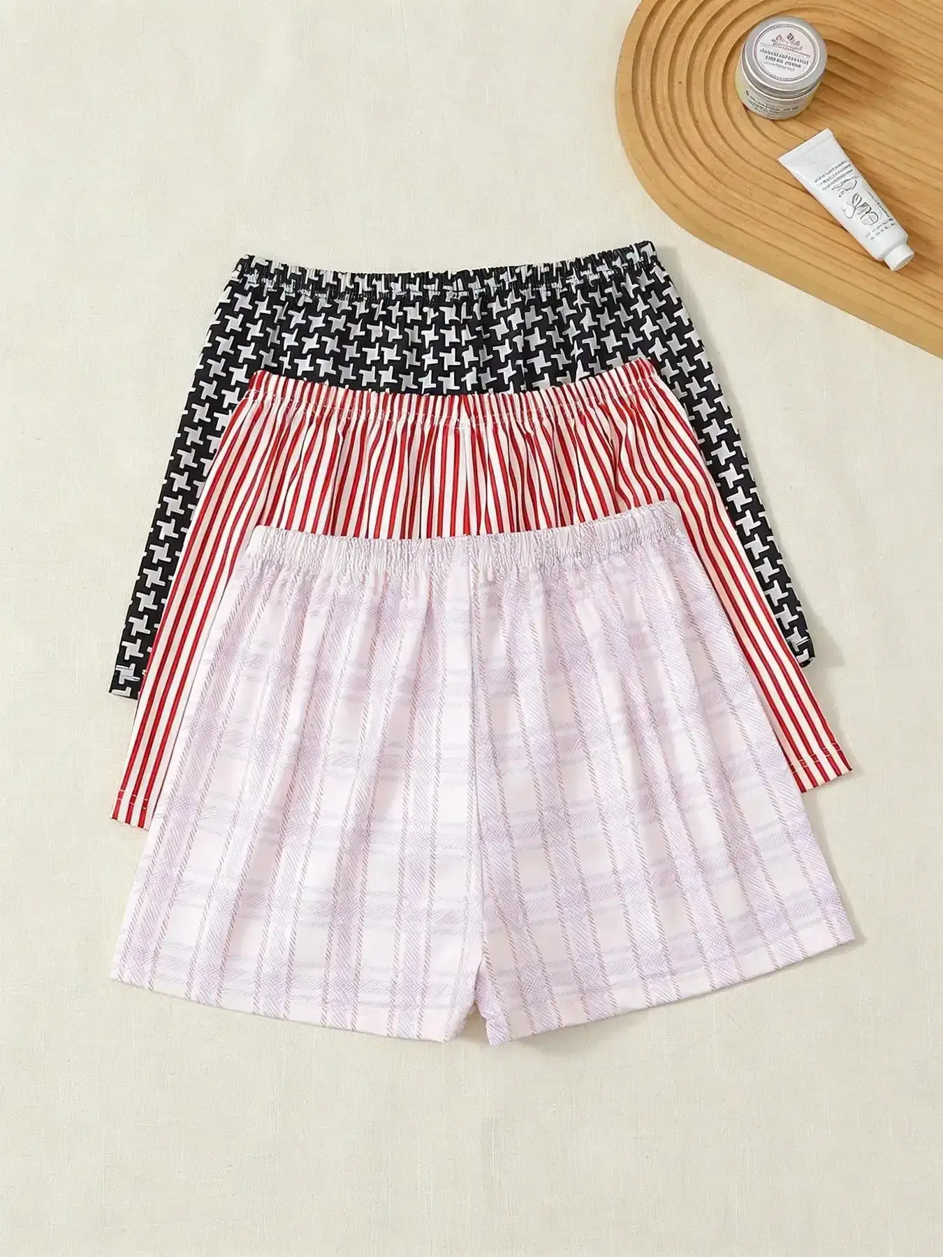 Women's Refined 3 Pack Sleep Shorts Complete Look, Spring & Summer Wearable, Houndstooth Stripe Plaid Print with Bow Decor, Korean Lazy Style, Casual Cozy Home Loungewear, Travel Clothes, Vacation Essentials