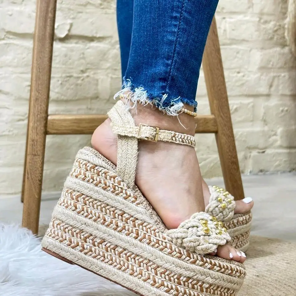 EMA Women's 12 cm Espadrille Wedge Sandals with Braided Strap and Chunky Sole for Summer Comfort