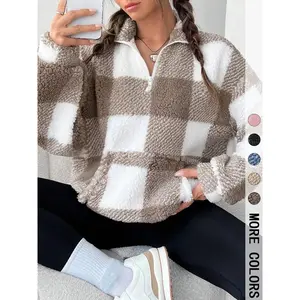 Women's Plaid Half Zip Fleece Sweatshirt – Drop Shoulder Stand Collar Pullover, Casual Long Sleeve Top for Spring & Fall, Trendy Ladies Daily Wear