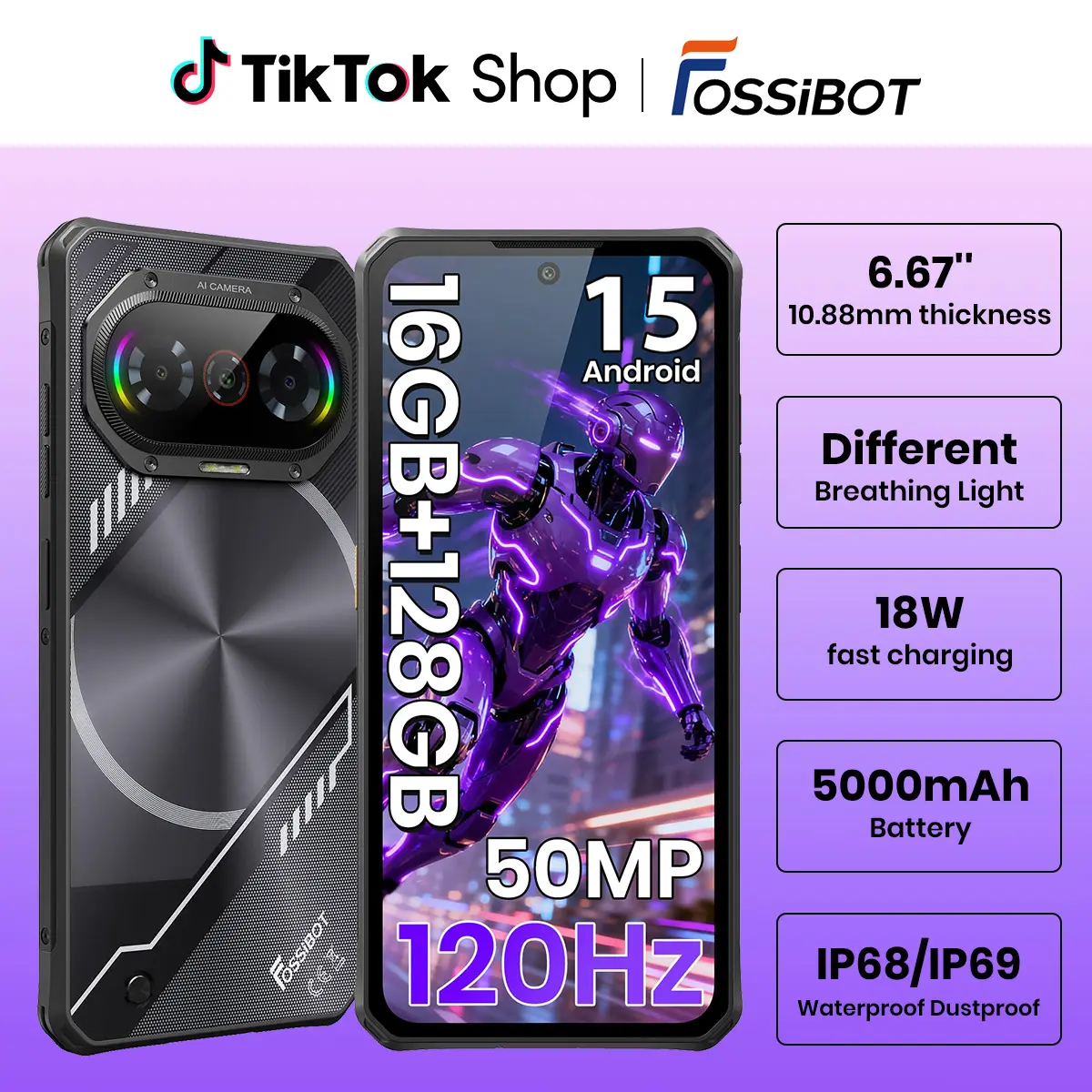 【DealsForYouDays】FOSSIBOT F114 Rugged Smartphone Unlocked, 16GB+128GB/2TB Android 15 Rugged Phone, 5000mAh Battery Cellphone,50MP+2MP+8MP Camera,Dual SIM 4G Phone,IP68 / IP69K, NFC