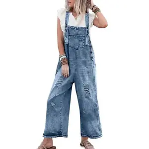 Women's Ripped Raw Hem Pocket Denim Overalls - Comfortable Wide Leg Casual Dungarees, All-Season Sailors Jumpsuit for Daily Wear (Gift)