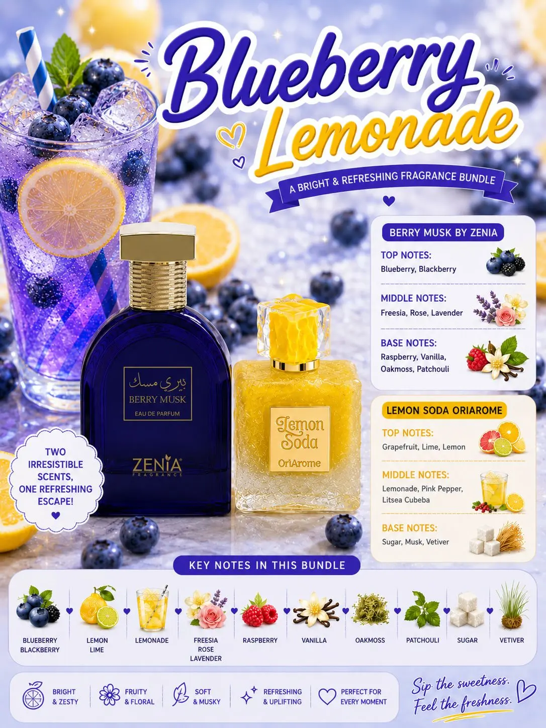 (2pc Blueberry Lemonade Bundle) Berry Musk by Zenia + Lemon Soda by OriArome EDP Spray, 3.4oz