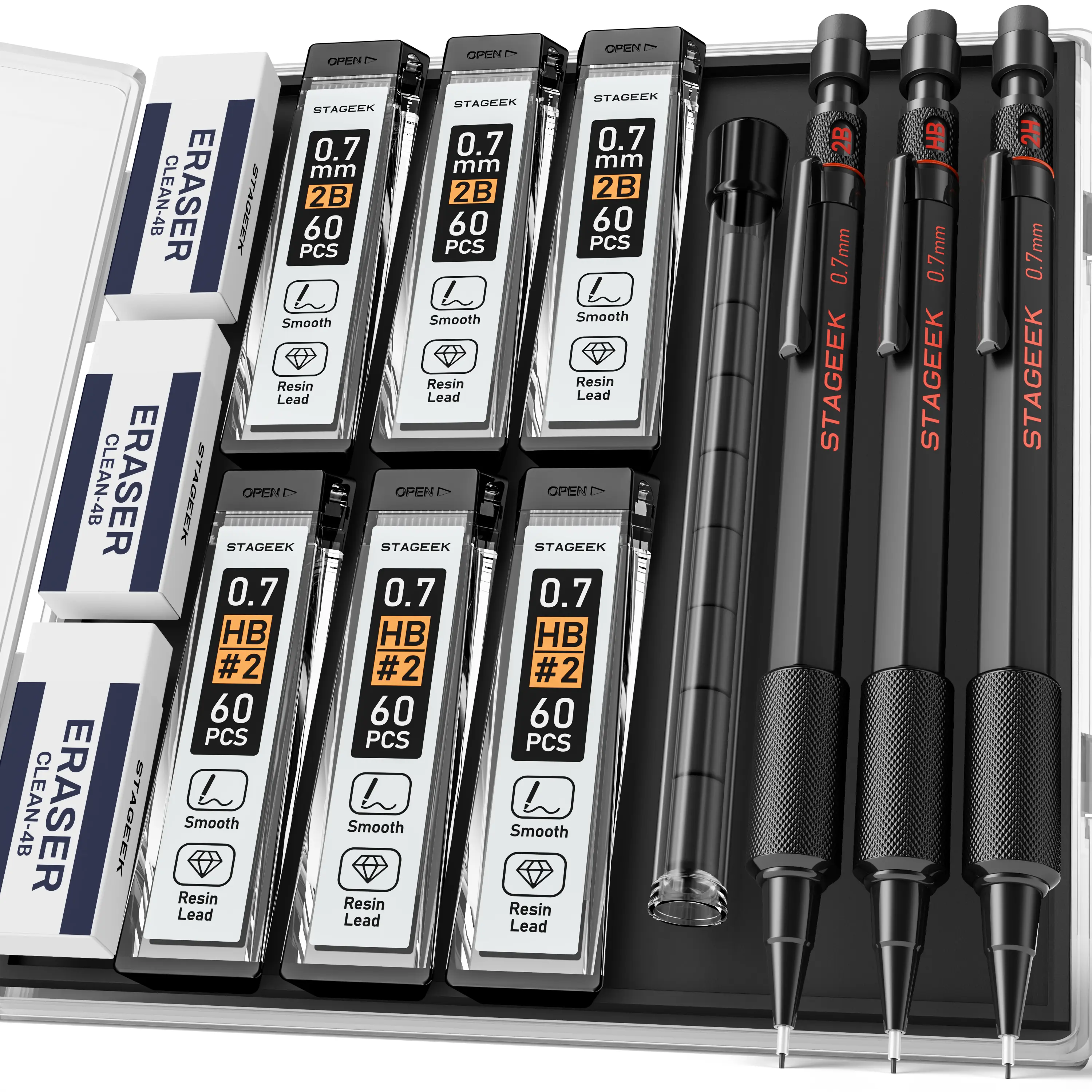 [TikTokshopBack toSchool]STAGEEK Metal Mechanical Pencils 0.7mm, with 6 Tubes (360PCS) HB & 2B Lead Refills 0.7, 3PCS Weatherproof Body Outdoor Artist Lead Pencils with Case, 4B Erasers, for Writing Drafting Drawing Sketching, schoolstudy Essentials