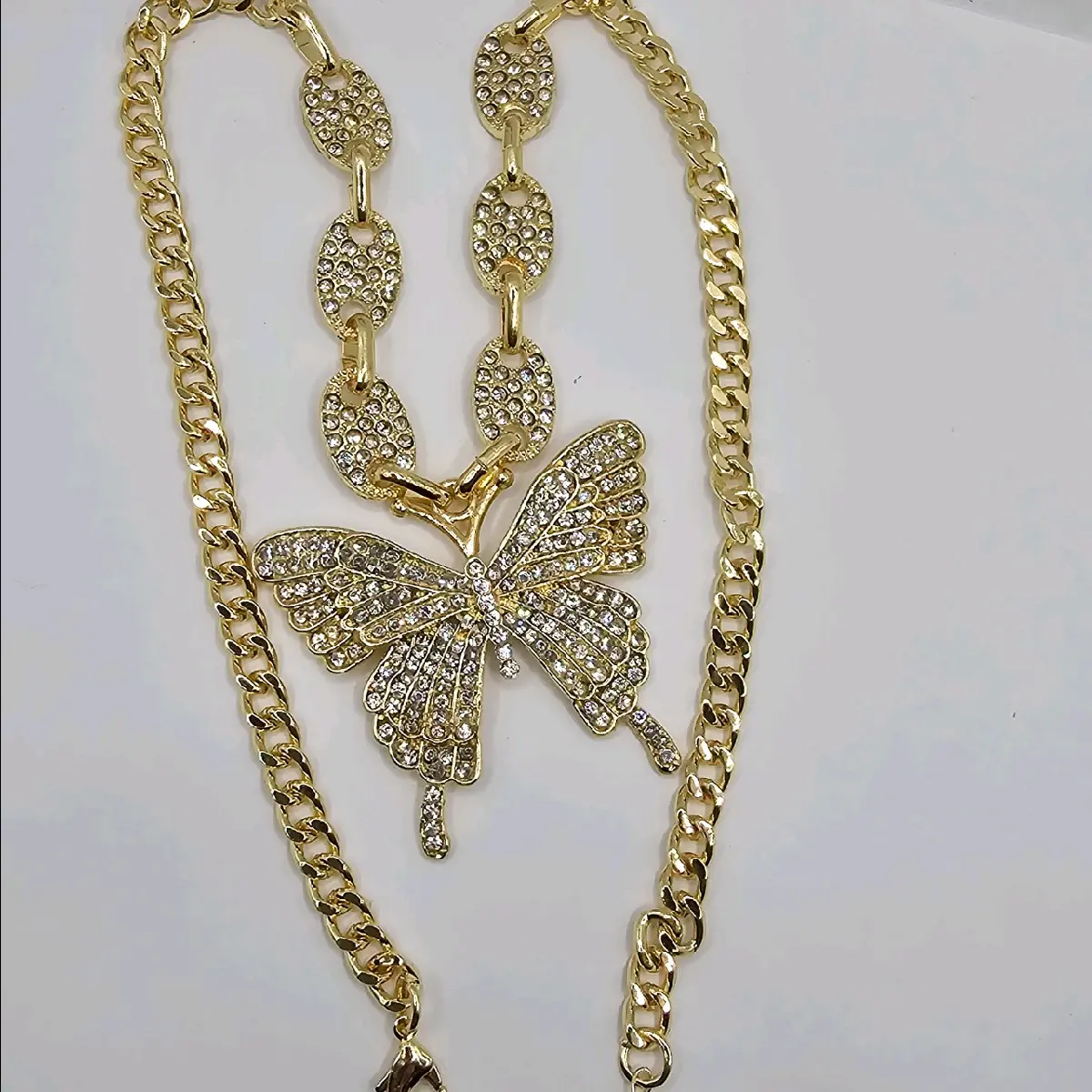 BUTTERFLY cute necklace clear stones gold-plated 18"inches