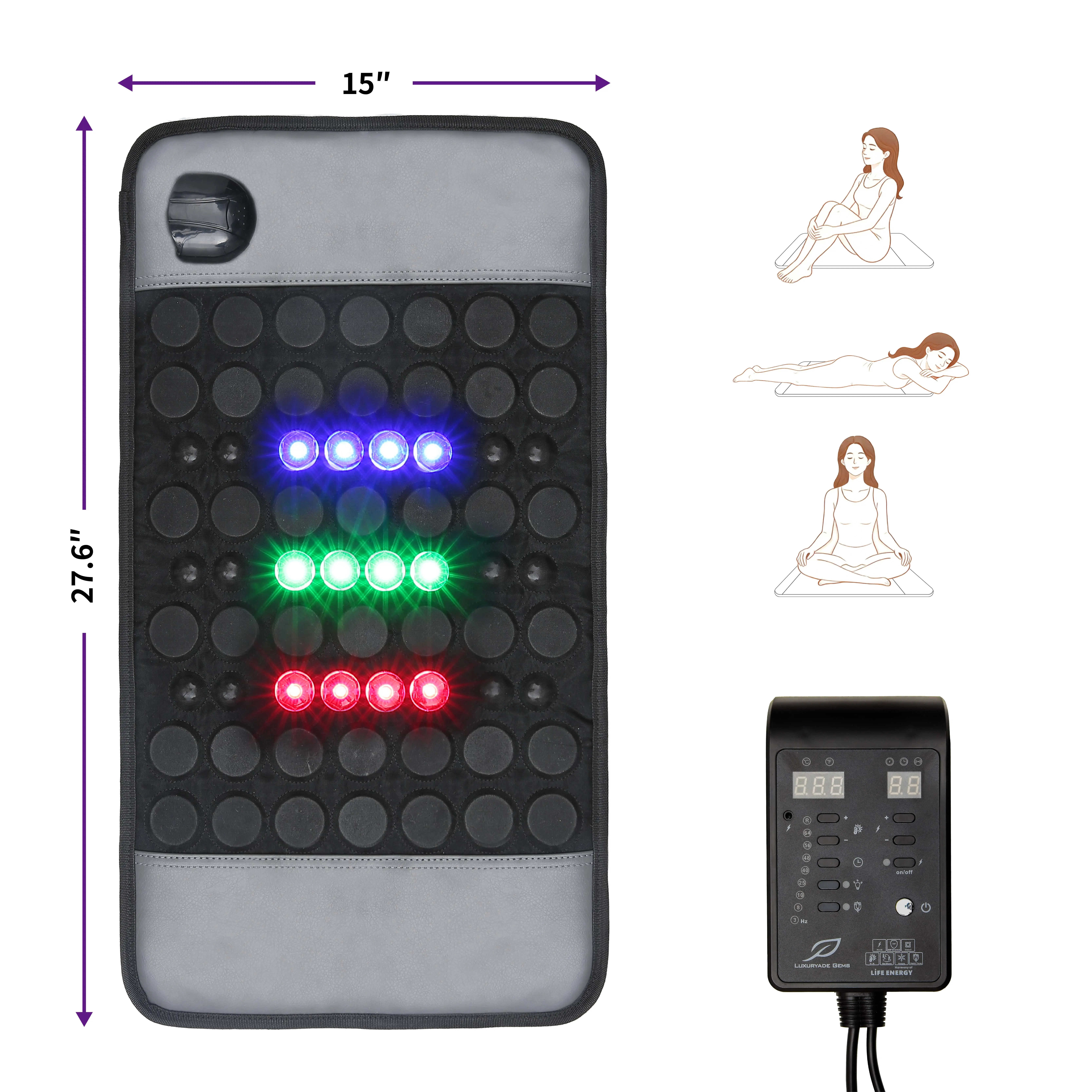 Far Infrared Heated Pad with Natural Jade & Tourmaline Stones, 15" x 28" Mat for Lower Back Muscle Relaxation, Low EMF with 660nm Red Light Therapy & 1-12H Timer, Lower Back Heating Pad Thermal Warm