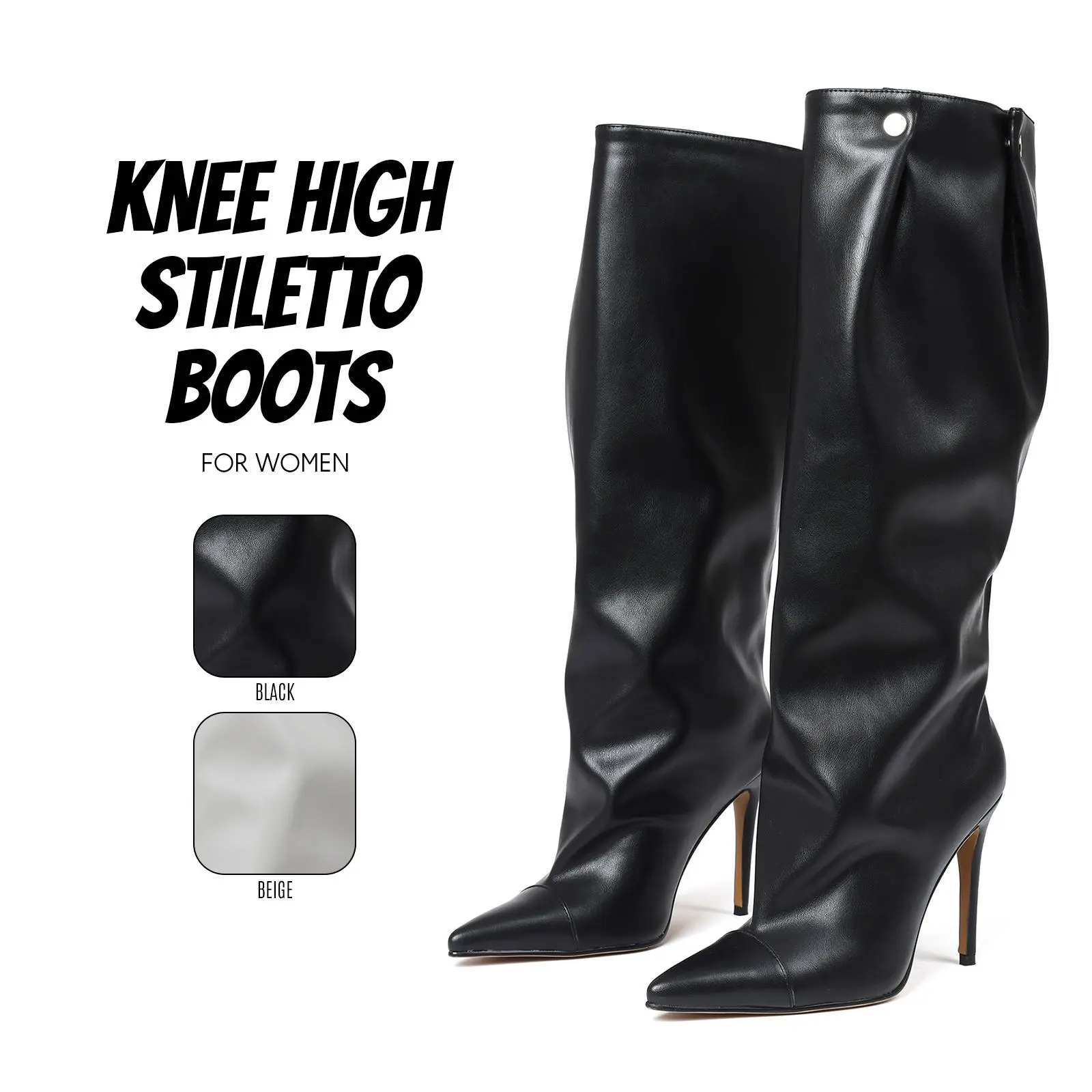 Fold Over Boots For Women Knee High Stiletto Boot Pointed Toe Stiletto High Heel Studded Pull On Snip Party Wedding Work Casual Outdoor Nightouts Date Gifts Fashion Tall Boot